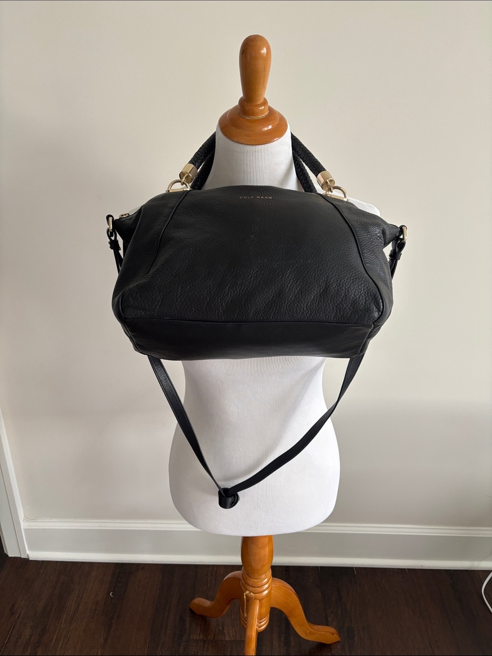 Cole Haan Black Pebbled Leather Shoulder Satchel with Gold Hardware